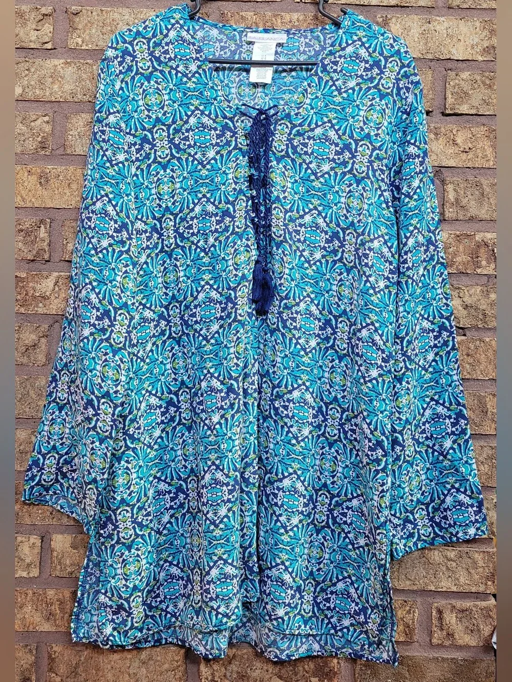 La Blanca Tuvalu Tapa Long-Sleeve Tassel Tunic Coverup Size Medium Viscose